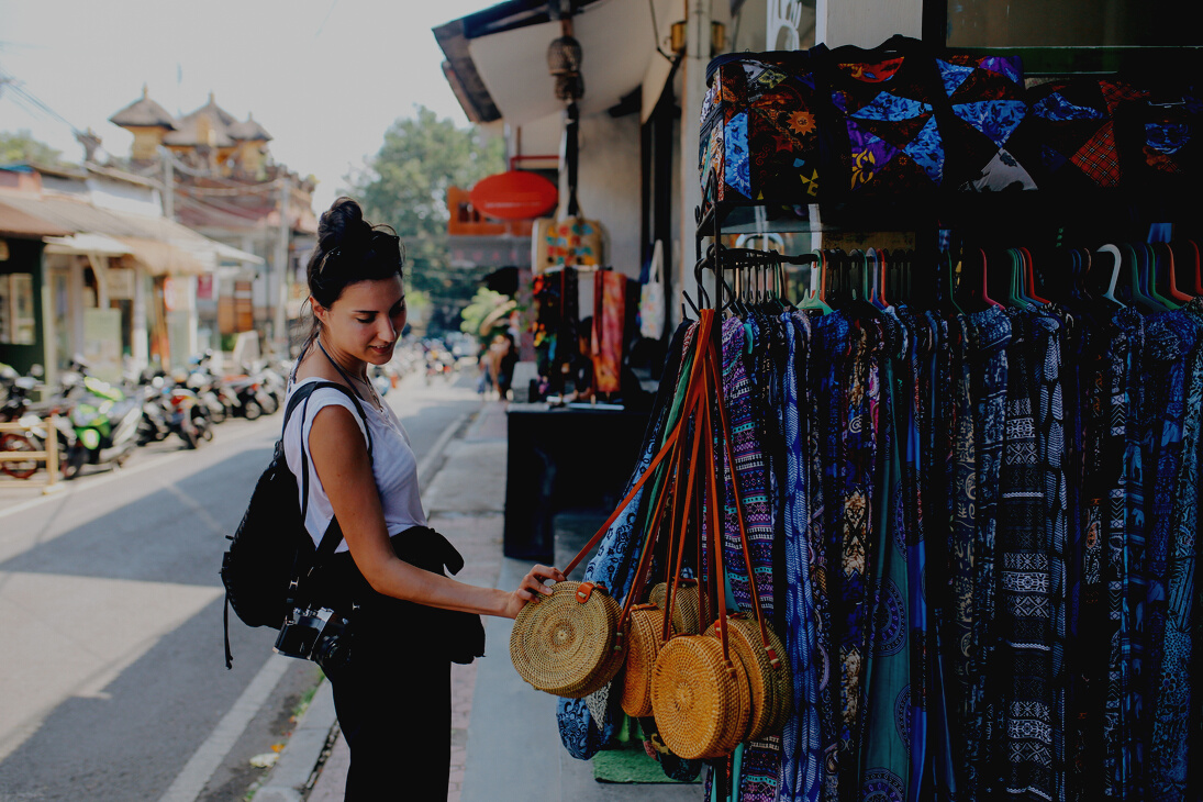 young traveler shopping in Ubud, Bali, Indonesia